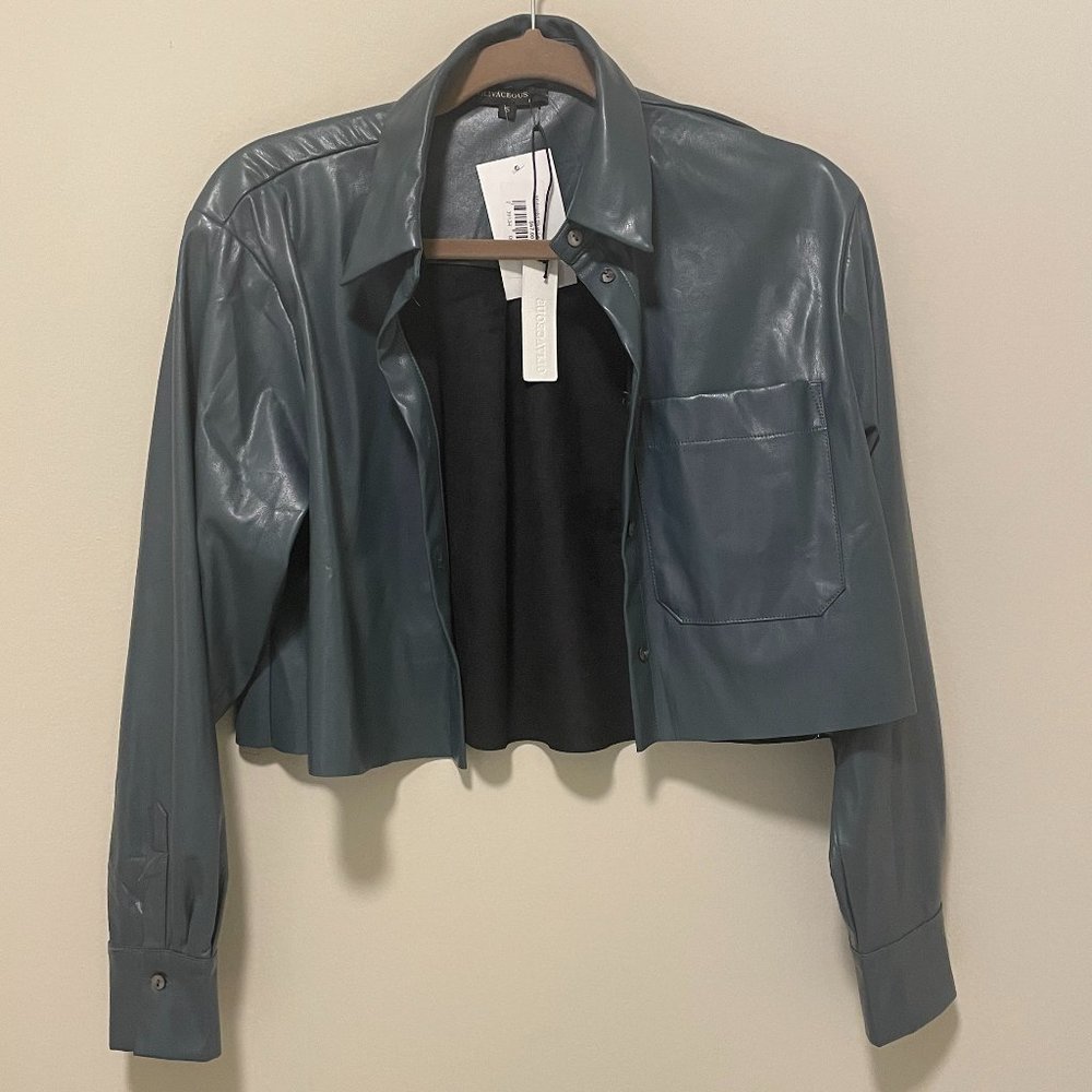 Faux Blue Leather Shirt Jacket